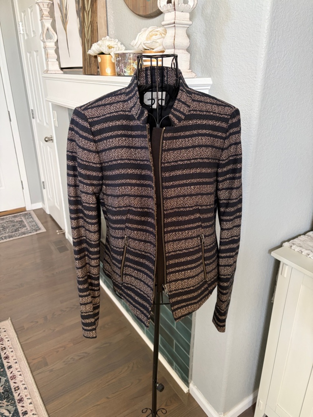 Striped Zip-Front Women's Jacket in Navy and Tan